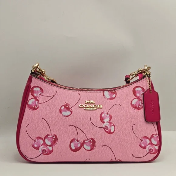 COACH Pink Cherry Print Shoulder Bag with Gold Hardware - Picture 3 of 8